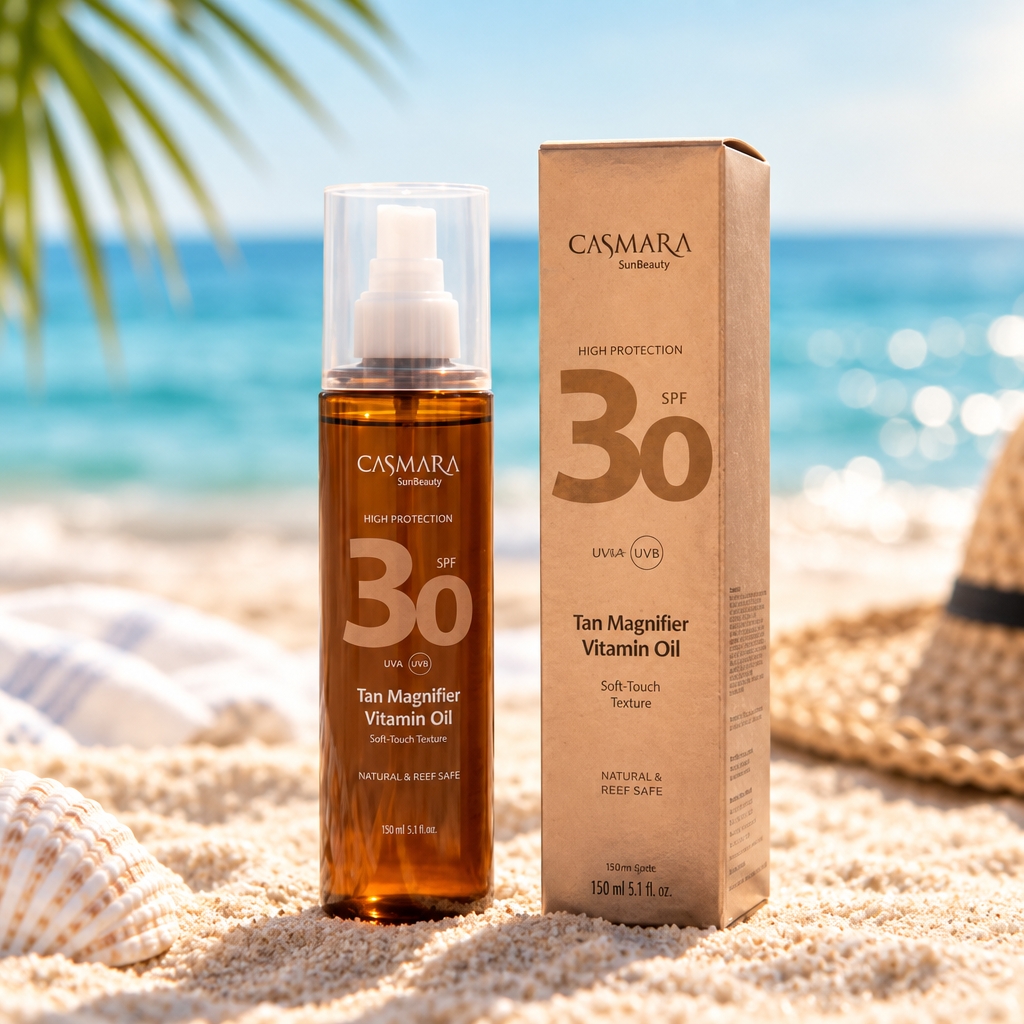 Tan Magnifier Vitamin Oil com fundo de praia